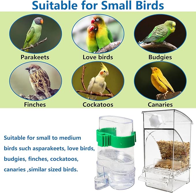 Hamiledyi No Mess Bird Feeders Water Dispenser Set Automatic Parakeet Cage Feeder with Perch Transparent Acrylic Container Parrot Cage Accessories for Canary Budgie Lovebirds Finches