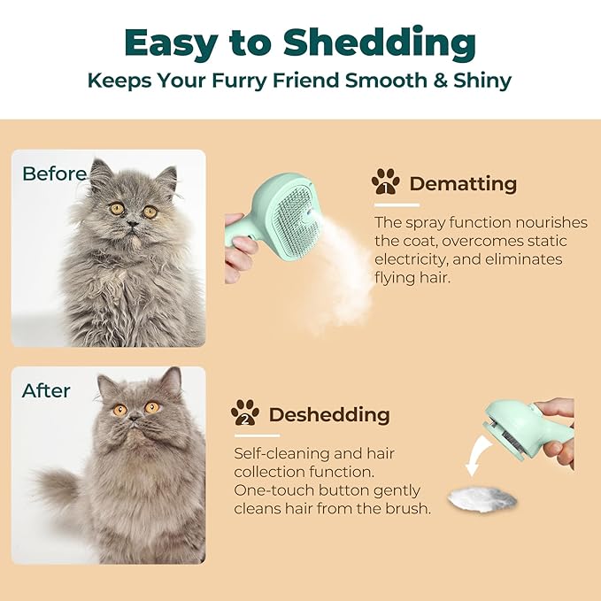 3-in-1 Self-Cleaning Pet Grooming Tool: Versatile Steam Brush for Cats and Dogs, with Bath Supplies and Detachable Bristles (Green)