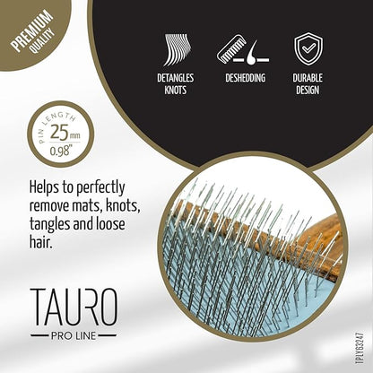 TAURO PRO LINE Wooden Dog Brush for Detangle Long and Short Hair, Wooden Soft Massage Brush for Grooming Haired Dogs and Cats, Flexible Cushion and Non-Slip Grip, Oval, 7.84 x 3.93 inch, Brown