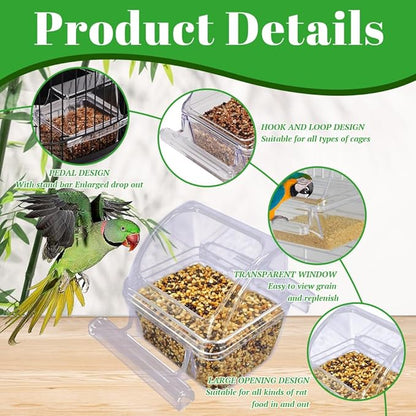 4 Pack Bird Feeders for Cage, No Mess Clear Hanging Parrot Food Bowl, Plastic Slot Food & Water Dispenser Bowl Set, Bird Cage Accessories for Hamsters,Pigeons,Parrot