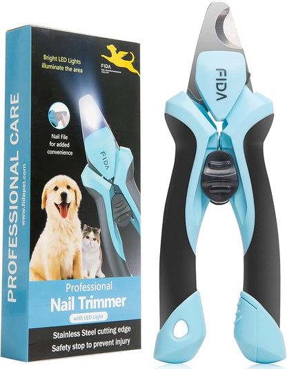 Fida Dog Nail Clippers with LED Light, Dog &Cat Nail Trimmer with Safety Guard & Nail File, Razor Sharp Blades, Pet Nail Trimmer/Clipper with Comfortable Ergonomic Handle (Batteries-Included)