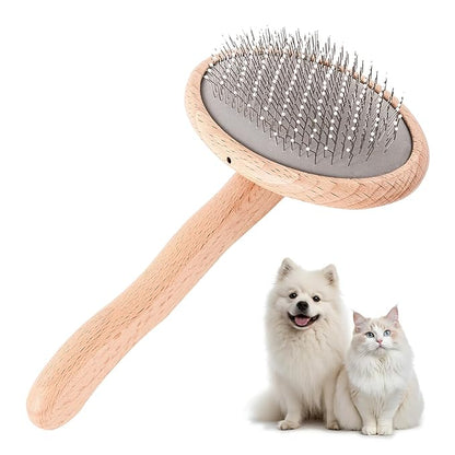 Dog Slicker Brush for Shedding, Grooming, Dematting - Long/Short Hair Pets, Poodle, Puppy & Indoor Cats, Oval Pin Brush with Coated Tips & Air-Cushion Design, Lightweight Beech Wood Body