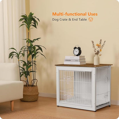 DWANTON Dog Crate Furniture with Cushion, Wooden Kennel Table with Double Doors, Indoor Dog House, Small/Medium/Large Size, 27.2" L, White+Warm Brown