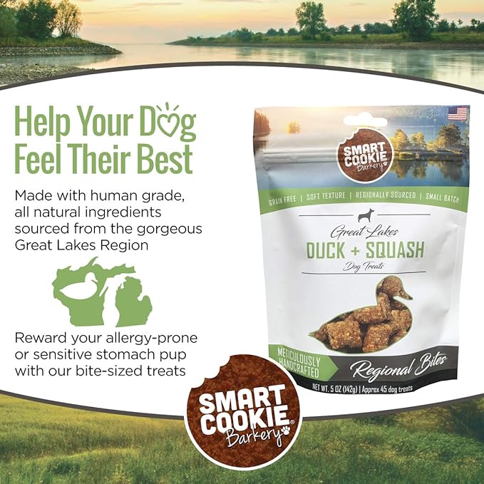 Smart Cookie All Natural Soft Dog Treats - Duck & Squash - Training Treats for Dogs with Allergies or Sensitive Stomachs - Grain Free Dog Treats, Chewy, Human-Grade, Made in USA - 5oz Bag