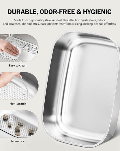 Stainless Steel Sifting Litter Box with Lid, Metal Litter Pan with Scoop for Big Cats Multi Cat, Extra Large Cats Litterbox Odor Control Easy Clean (22.8 * 16.1 * 6.5inch-Without Enclosure, X-Large)