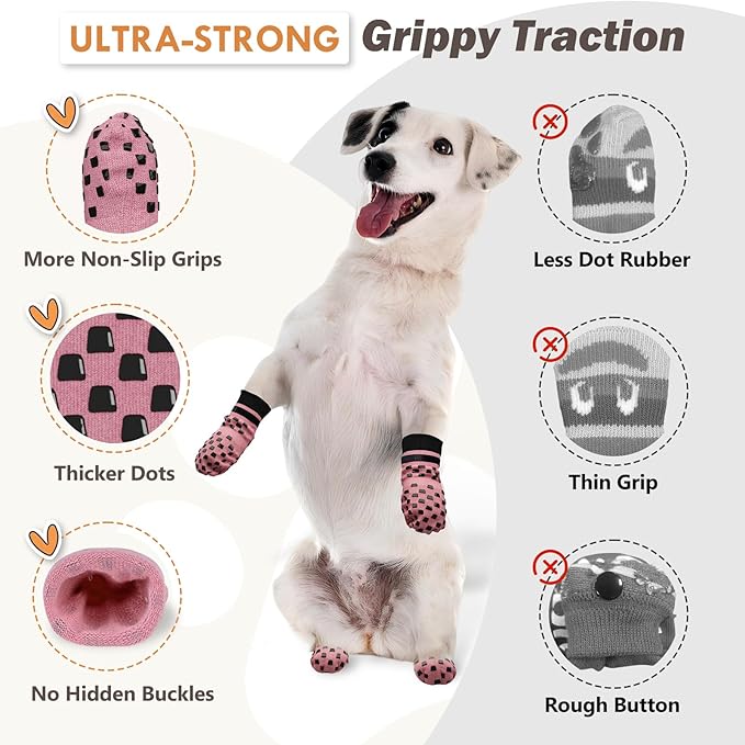 Non Slip Dog Socks to Prevent Licking Paws Grippy Socks for Senior Dog on Hardwood Floors Anti Slip Dog Socks for Hot Pavement Double Side Paw Protector Prevent Scratching Pink M
