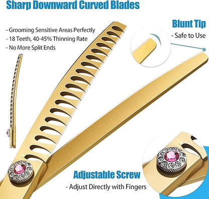 7" Downward Curved Dog Grooming Scissors for Grooming Face and Paws Safety Dog Chunker Trimming Cutting Shears for Dog Cat Pet Grooming Gold