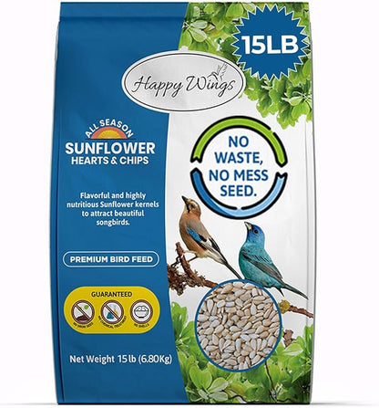 Sunflower Hearts & Chips Bird Food 15 lbs No Mess, No Waste Seed No Grow Formula Ideal for Wild Birds, Finches, Sparrows, and Year-Round Feeding.
