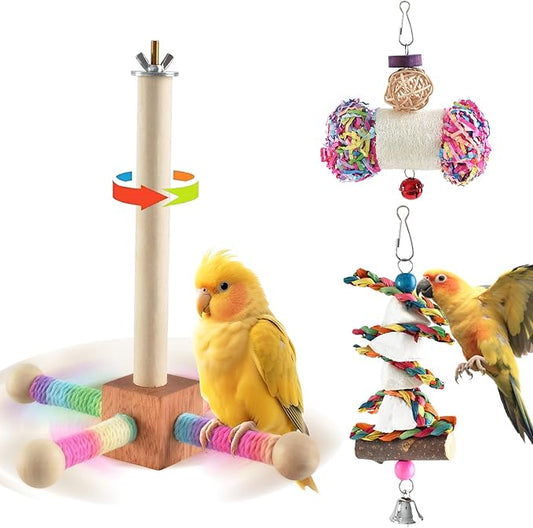 Bird Perch Toy, Interactive Spinning Parakeet Parrot Toys with Chew Toy, Parakeet Cage Accessories for Small and Medium Parrots, Enrichment Cockatiel Toys for Birds Cage