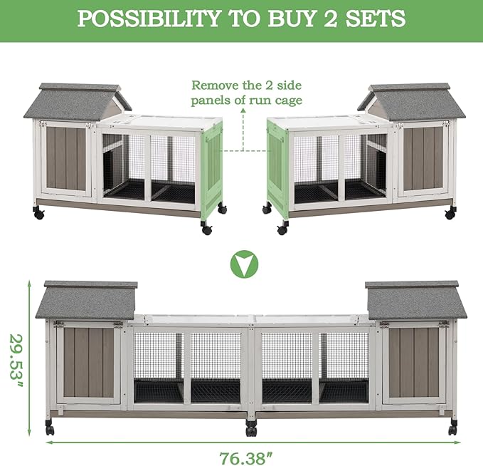 76.38"L Rabbit Hutch Indoor and Outdoor with 8 Wheels,Wooden Rabbit Cage with Pull Out Leak-Proof Tray for 2-4 Rabbits,Bunny Hutch with Asphalt Roof Suitable for Garden,Park,Living Room,Grey