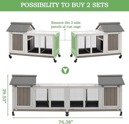 76.38"L Rabbit Hutch Indoor and Outdoor with 8 Wheels,Wooden Rabbit Cage with Pull Out Leak-Proof Tray for 2-4 Rabbits,Bunny Hutch with Asphalt Roof Suitable for Garden,Park,Living Room,Grey