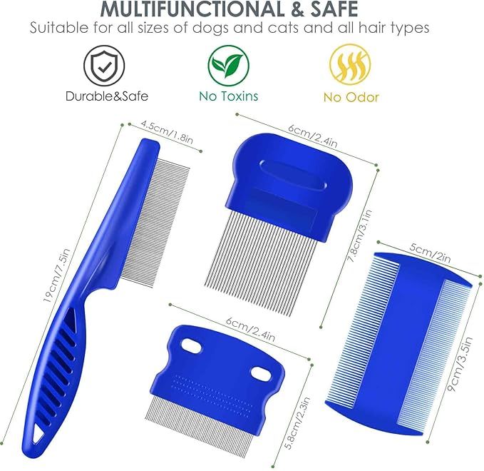 4 Pack Flea Lice Comb, Stainless Steel Dog Cat Grooming Combs with Rounded Teeth, Double Sided Professional Pet Tear Stain Remover, Dematting Tool for Small, Medium & Large Pets