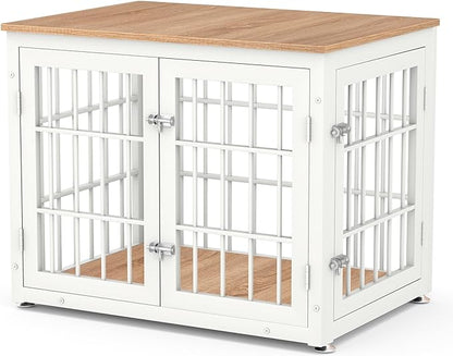 32 Inch Heavy Duty Dog Crate Furniture for Medium and Small Dogs, Decorative Pet House End Table, Wooden Cage Kennel Furniture Indoor, Natural and White