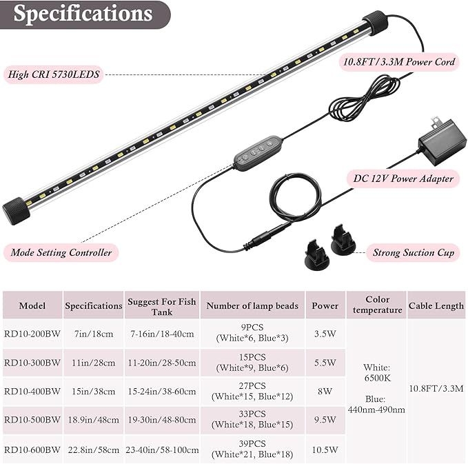 Dirvin 15inch Submersible Aquarium LED Light for Fish Tank, 24/7 Cycle Fish Tank Light with Timer, 27 LED Beads 3 Colors 3 Modes Brightness Adjustable, 8W