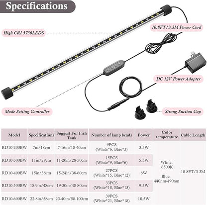 Dirvin 15inch Submersible Aquarium LED Light for Fish Tank, 24/7 Cycle Fish Tank Light with Timer, 27 LED Beads 3 Colors 3 Modes Brightness Adjustable, 8W