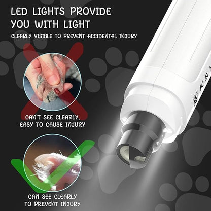 K&K Dog Nail Grinder with 2 LED Light for Large Medium Small Dogs Professional 2-Speed Powerful Electric pet Nail Clipper which Gentle and Painless Paws Grooming & Smoothing Tool (White)