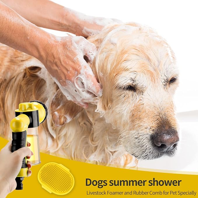6 Pieces Dog Wash Hose Attachment with Soap Dispenser Pet Bathing Tool Set Dog Comb Brush for Pet Washing(8.27 x 4.72 x 5.51 Inch,Yellow)