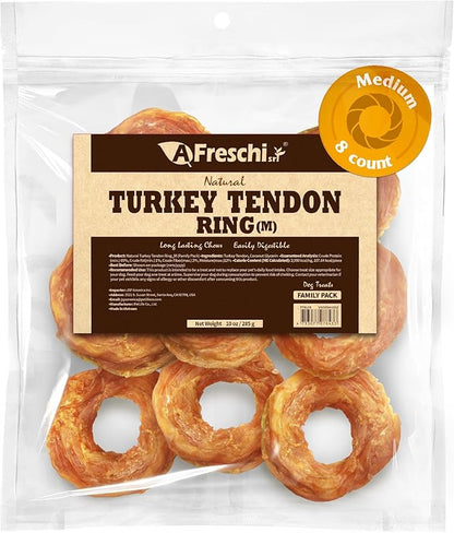 Afreschi Natural Turkey Tendon Ring (M) 10 oz, Turkey Sourced from USA, All Natural Puppy Chew, Hypoallergenic, Rawhide Alternative, for Medium Breeds