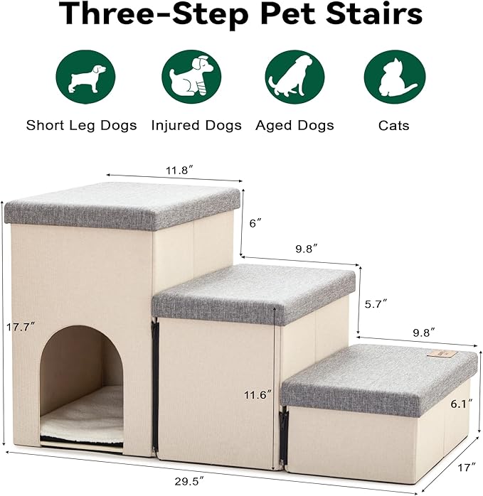 Love's cabin Dog Stairs for Small Medium or Large Dogs with Storage and Condo,Foldable Dog Steps for Bed or Couch,3-Step Gray Folding Cat Dog Ramp with Zip up to 210 lbs,Light Grey
