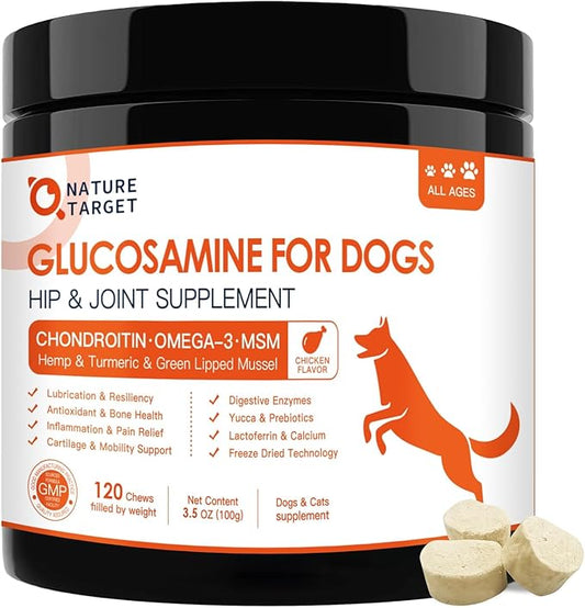NATURE TARGET Glucosamine Joint Supplement for Dogs, Chondroitin, Omega-3, MSM, Hemp, Turmeric for Pain Relief, Dog Joint Supplement with Calcium for Bone Health, 120 Chicken Flavored Crunchy Chews