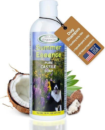 Summer Essence Dog Shampoo - Pure Castile Soap with Botanical Fruit & Flower Oils, Gentle Formula for Delicate Skin, Mild and Calming for Dogs from 4 Weeks & Older, 16 oz