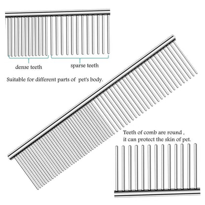 Metal Comb for Dogs, Metal Dog Combs, 2 Pack Cat Comb with Rounded Ends Stainless Steel Teeth, Professional Grooming Tool for Long and Short Matted Haired, Njiszhi 7.48IN*1.57IN