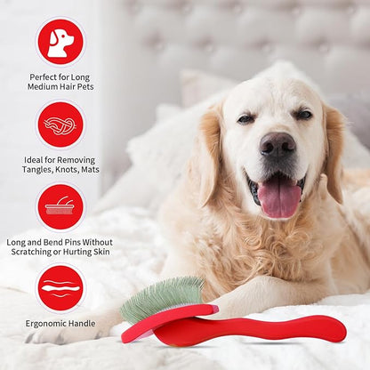 Dog Slicker Brush for Shedding and Grooming Medium or Long Haired Cats, Extra Long & Soft Pin Slicker Brush for Removes Loose Hair, Tangles, Knots, Undercoat, Free Pet Comb, Large Red
