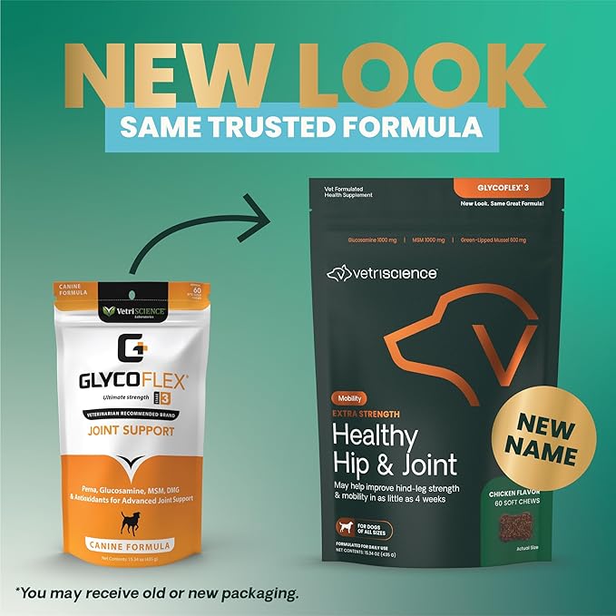 VetriScience Extra Strength Healthy Hip & Joint Chews, GlycoFlex Glucosamine and Green-Lipped Mussel Joint Support Supplement for Dogs, Promote Mobility & Soothe Joint Discomfort, Chicken, 60 Count