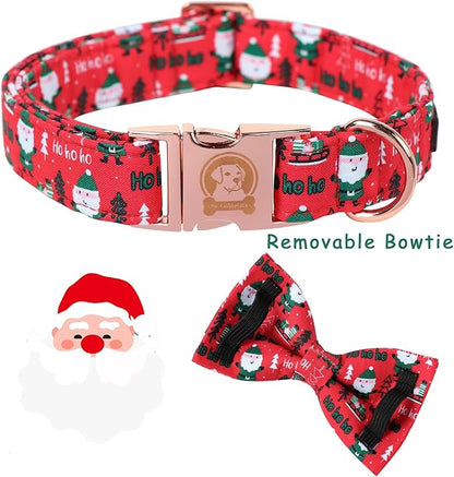 MR. CHUBBYFACE Santa Claus Dog Collar with Bowtie, Cotton Boy Girl Dog Collars with Metal Buckle Cute Christmas Collars for Puppy Small Medium Large Dogs