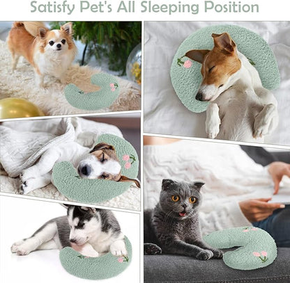 T'CHAQUE Dog Pillow Bed, Cat Calming Pillow, Dog Neck Pillow for Joint Relief Sleeping, Ultra Soft Half Donut Cuddler, Pillow Pet for Upper Spine Support, Doggy/Kitten Pillow Training Toy, Green