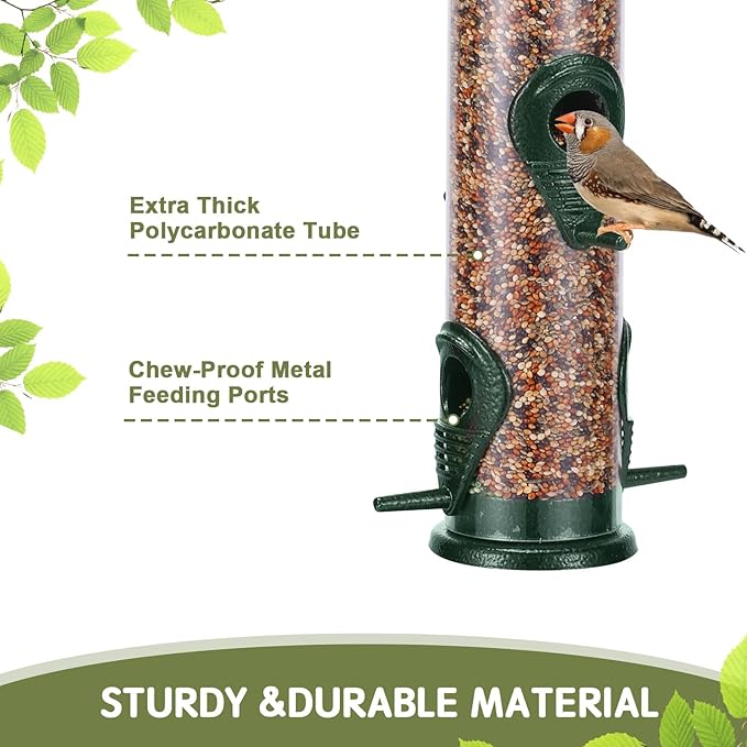 Metal Bird Feeder Tube Hanging Wild Bird Seed Feeder Aluminum Six Port Bird Feeders,1.4 mm Extra Thick Solid Tube Transparent with Steel Hanger Great for Attracting Birds