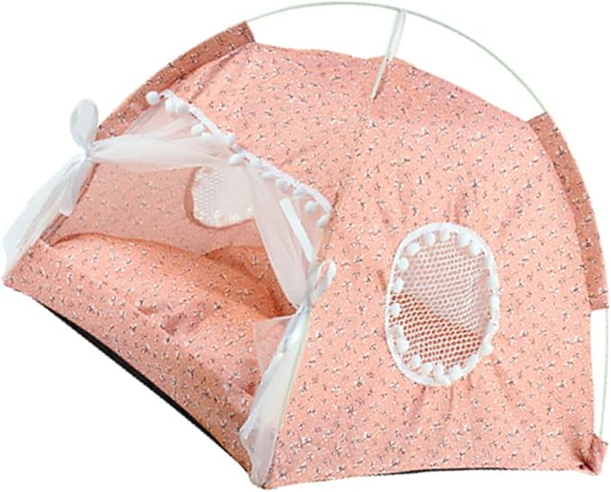 Cute Dog Tent House, Indoor Pet Tent Waterproof Bottom Detachable Cat Princess Indoor Tent House Pet Dog Cute Floral Cave Nest Bed Portable Dog Tents with Mesh Door Window for All Seasons (Pink)