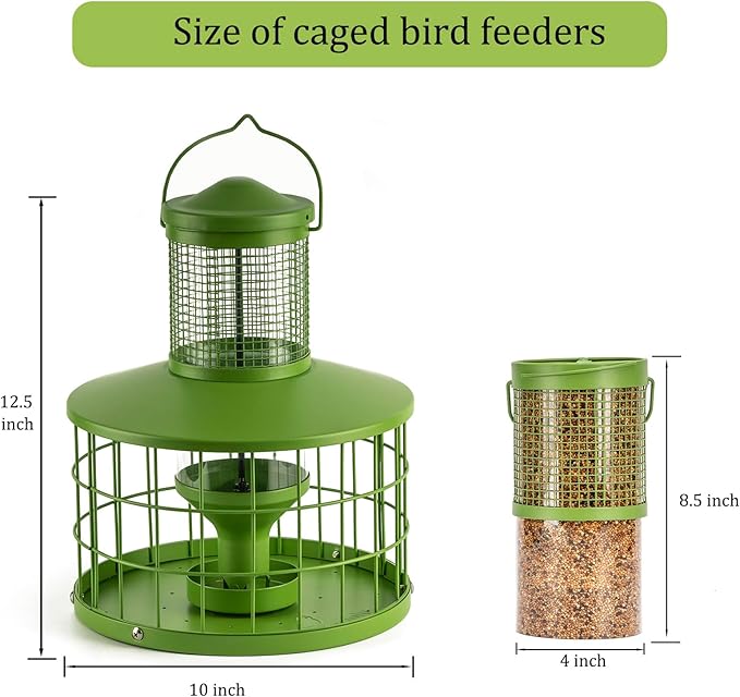 Caged Bird Feeders Squirrel-Proof, Metal, 2.8Lbs Capacity-Cage Tube Seed Feeders with Tray, Hanging Wild Bird Feeders, Attract Birds,Detachable Cleaning, Starling Proof Wild Bird Feeder（Green）