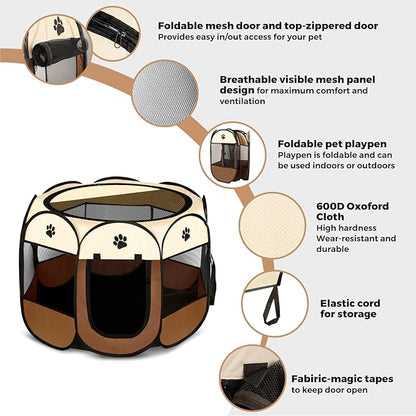 Pet Dog Puppy Playpen Dog Cat Tent Crates, Foldable Exercise Kennel Portable Playpen for Small Medium Dogs/Cats/Rabbits, Indoor Outdoor Travel Camping Use with Removable Zipper Top Brown