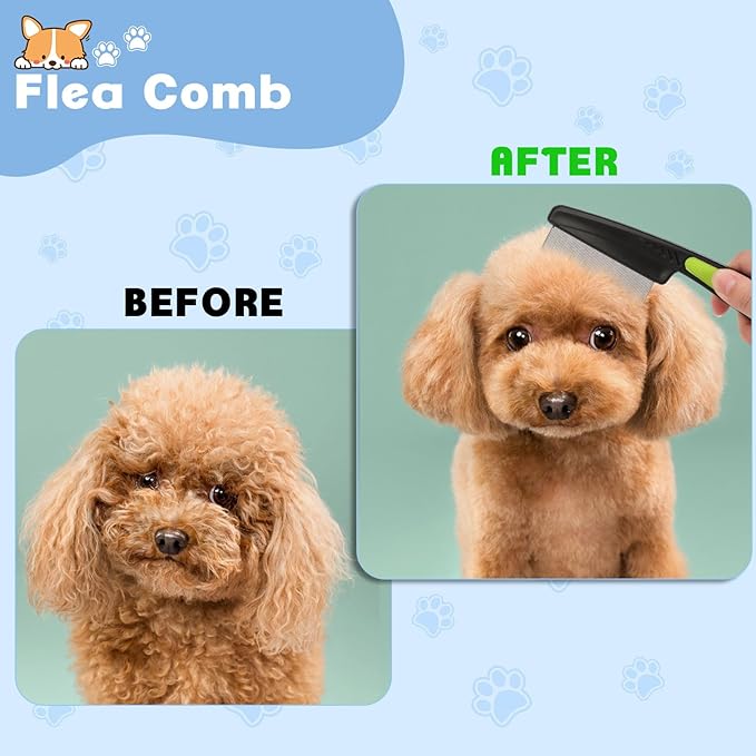 2PCS Flea Comb-Pet Knotting Comb, Tick Comb for Long Haired Pets- Remove Clumps Stainless Fine Tooth Dog Eye Comb Tear Stain Comb for Small Dogs Cat Pet Grooming Comb