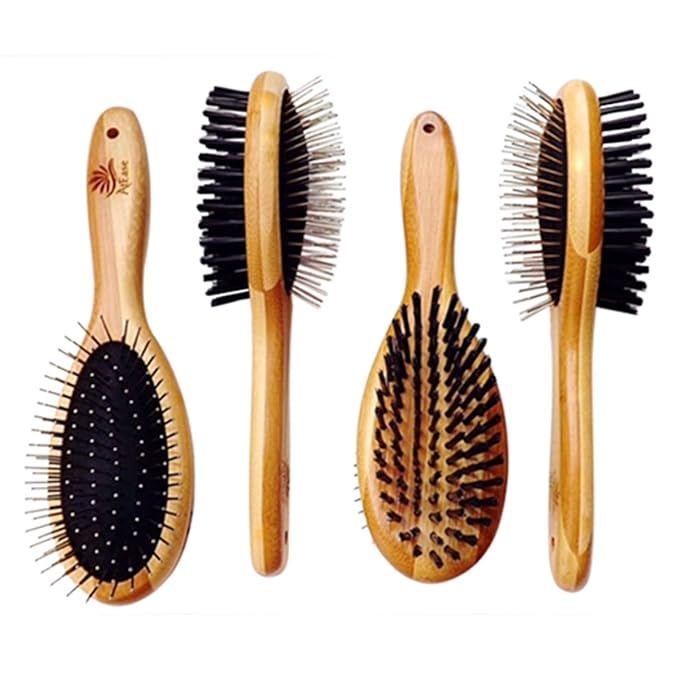 Double Sided Dog Brush - for Long or Short Haired Dogs and Cats Natural Bamboo Eco Friendly Pet Grooming Dual Sided Pin and Bristles for Deshedding Hair