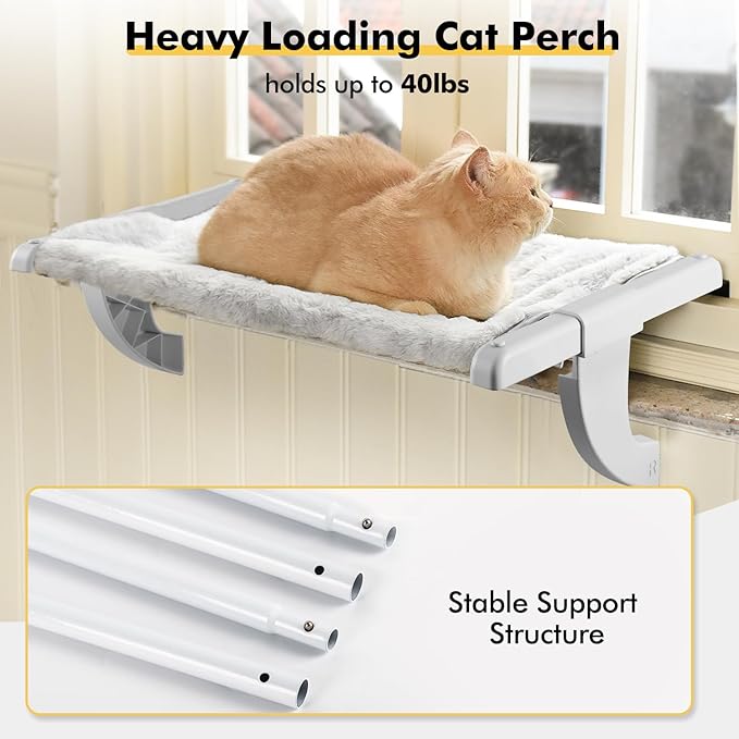 Window Sill Mount Cat Perch for Indoor Cats, One-Step Sliding Clamping Slot Adjustment Cat Hammock with Washable Cover, No Suction Cups Pet Bed for Windowsill & Bedside (Large)
