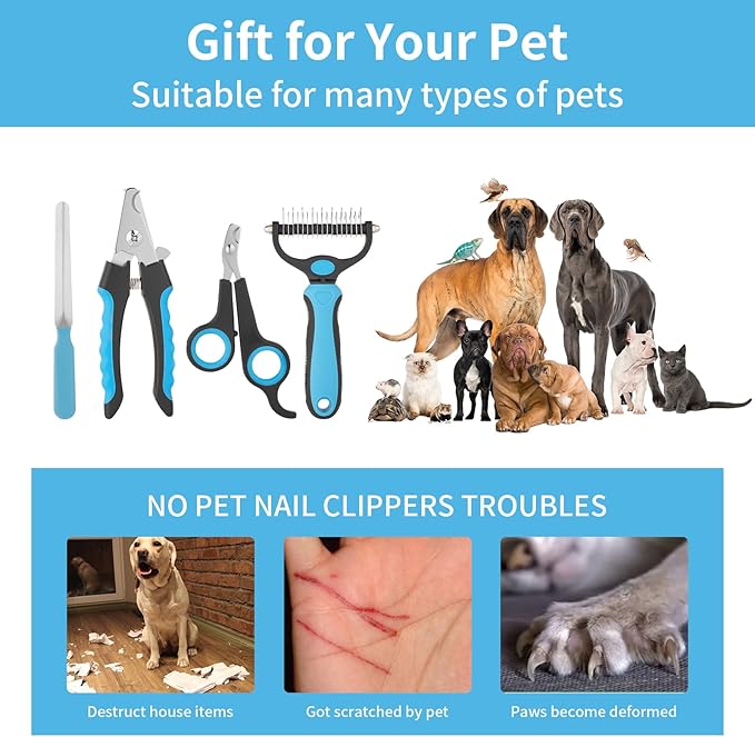 Professional Dog Nail Trimmers & Clippers with Safety Guard - 4-Piece Grooming Kit for Safe Painless Nail Trimming, Includes Pet Nail Clippers and Dog Brush for Shedding