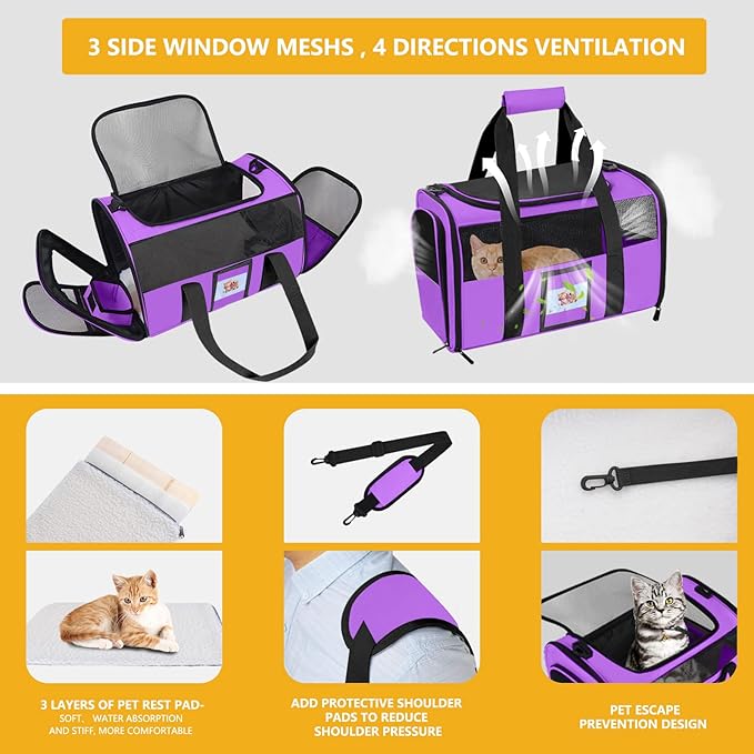 Cat Carrier Pet Carriers Airline Approved for Small Dogs Kitten Carrier for Small Medium Animals Under 15lb, Collapsible Soft Sided Travel Carrier, Purple