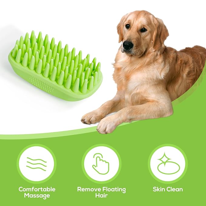 Dog Bath Brush, Silicone Shampoo Brush, Rubber Dog Brush for Long & Short Haired Dogs Cats, Scrubber Washing Grooming Pet Brush, Soft Massage Shedding Brush Bathing Shower Small Large Pets (Green)