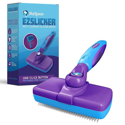 PetLovers EzSlicker Self-Cleaning Brush - Dog Brush for Shedding, Gentle Slicker Brush for Cats, Tangle-Free Grooming Comb with Soft Bristles & Ergonomic Handle for Stress-Free Grooming