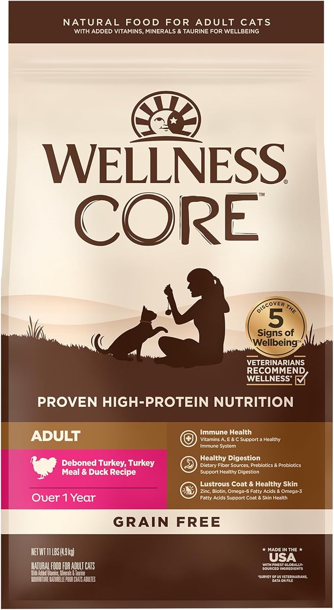 Wellness CORE Adult Dry Cat Food for Indoor & Outdoor Cats, Grain-Free, Natural, Turkey, Turkey Meal and Duck (11 Pound Bag)