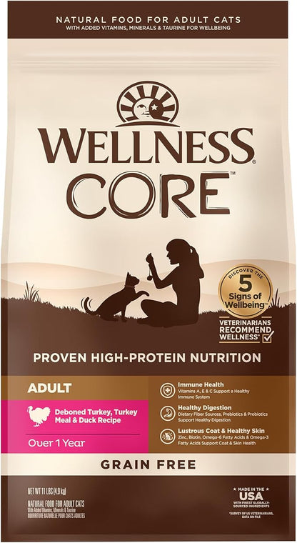 Wellness CORE Adult Dry Cat Food for Indoor & Outdoor Cats, Grain-Free, Natural, Turkey, Turkey Meal and Duck (11 Pound Bag)