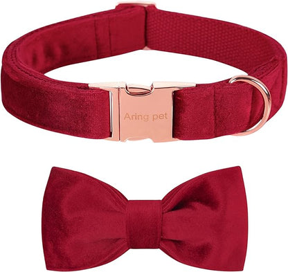 ARING PET Velvet Dog Collar-Soft Bowtie Dog Collars with Metal Buckle, Cute&Comfortable Christmas Red Dog Collar with Bow for Small Medium Large Dogs