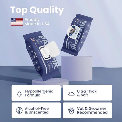 Made in USA Premium Pet Wipes with All Natural Ingredients for Dogs & Cats, Body, Ears, Face, Butt & Paws - 8x8 Inch Large - Unscented, Ultra Thick, Hypoallergenic & Alcohol-Free (4 Packs (400 pcs))