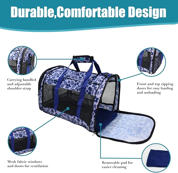 Soft-Sided Kennel Pet Carrier for Small Dogs, Cats, Puppy, Airline Approved Cat Carriers Dog Carrier Collapsible, Travel Handbag & Car Seat (Large: 19" x 11" x 11", Floral Print Blue)