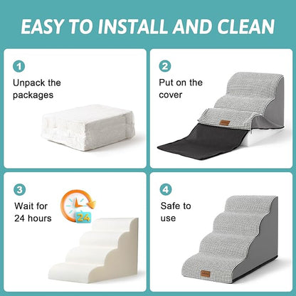 Dog Stairs for High Bed 22.6" H, Small Pet Steps with Leakproof Cover, High Density Foam Cat Ramp for Bed, Car or Couch, Lightweight, Durable, Comfort, 15.7x33x22.6 in, 5 Tiers, White Black