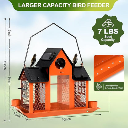 Solar Bird Feeders House for Outdoors Hanging, 7LBS Large Capacity Metal Wild Bird Feeder Squirrel Proof for Outside with Water Cup, Cardinal Birdfeeder Birdhouses Gift for Bird Lovers (Orange)