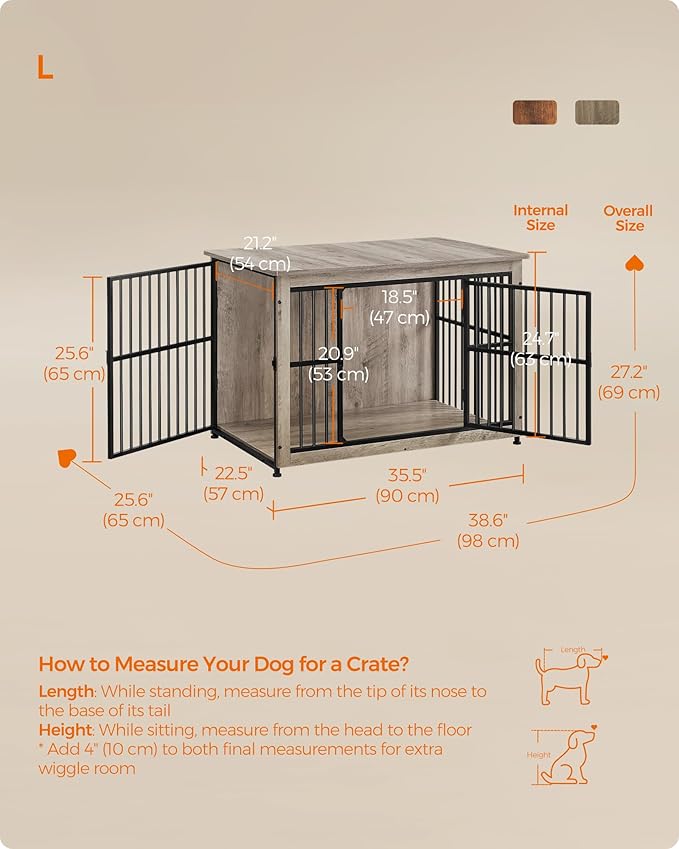 Feandrea Dog Crate Furniture, 38.6" Side End Table, Modern Kennel for Dogs Indoor up to 70 lb, Heavy-Duty Dog Cage with Enclosed Base, Double-Door Dog House, Greige UPFC023G01