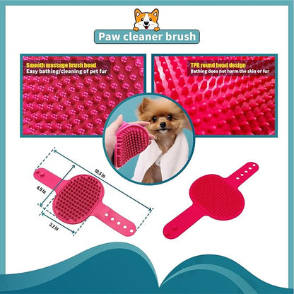 Dog Paw Cleaner with Handle, 2 Absorbent Towels & 2 Adjustable Bath Brushes for Short and Long Hair Pets - Muddy Foot Washer, Pink, Large